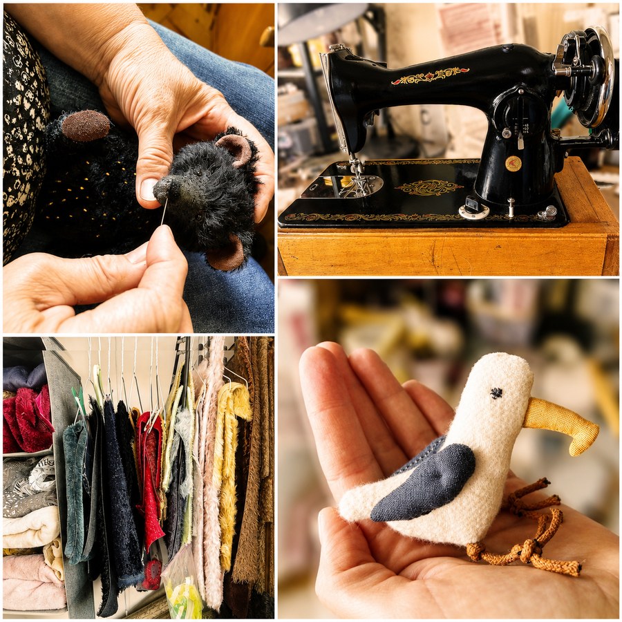 Natalia hand-stitching a bear's nose, her vintage sewing machine, a rack of mohair fabric, and a finished miniature bird in her studio