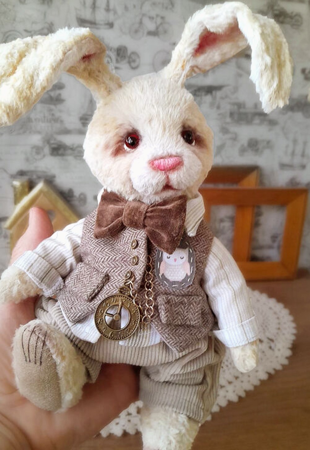 White Rabbit, a handmade mohair teddy bear always glancing at his watch
