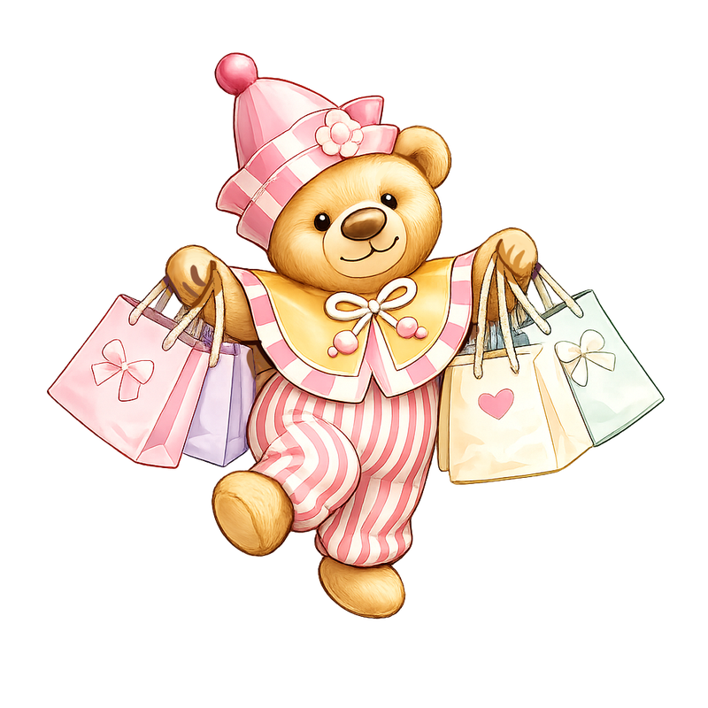 Illustrated teddy bear carrying shopping bags